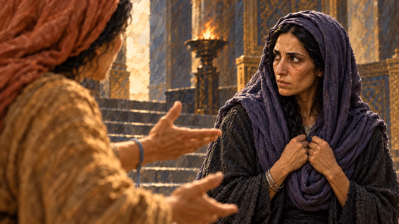 The woman in the violet veil listens to the accusation with a guarded expression.