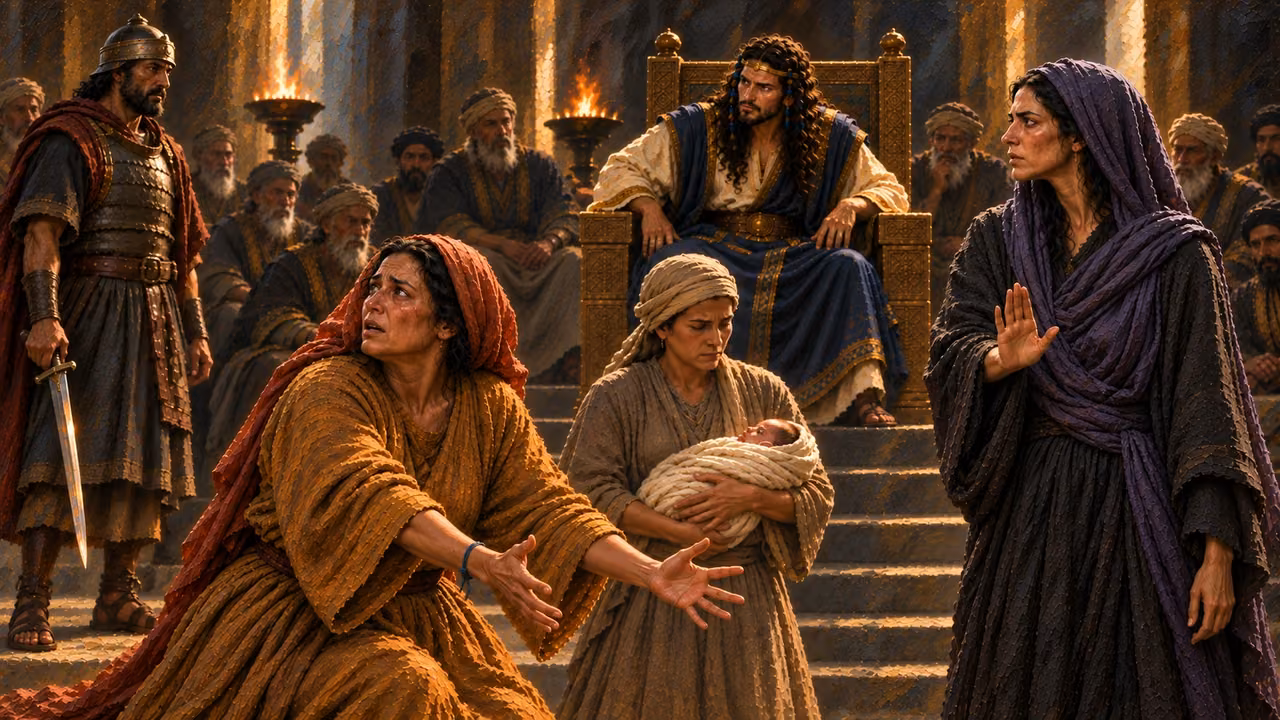 The woman in the red veil pleads with open hands while the child remains safely held.