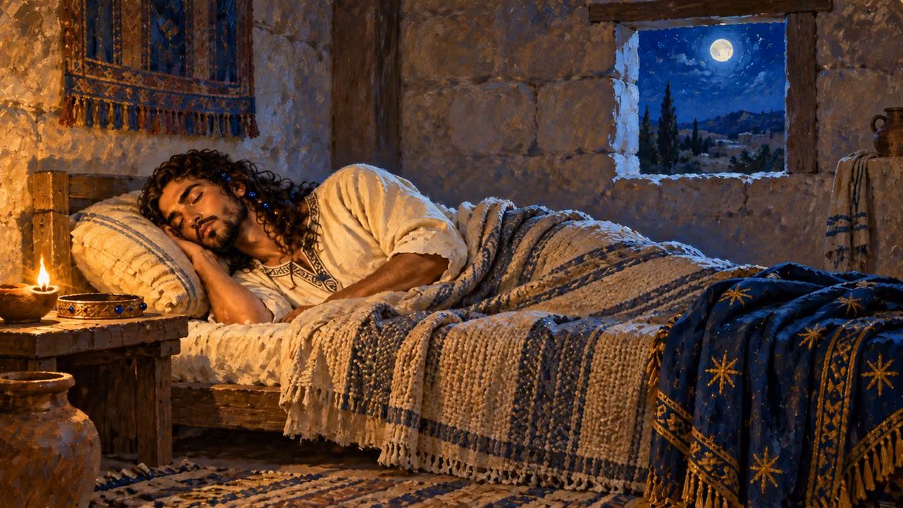 Solomon sleeps on his couch in a chamber filled with a warm dreamlike light.
