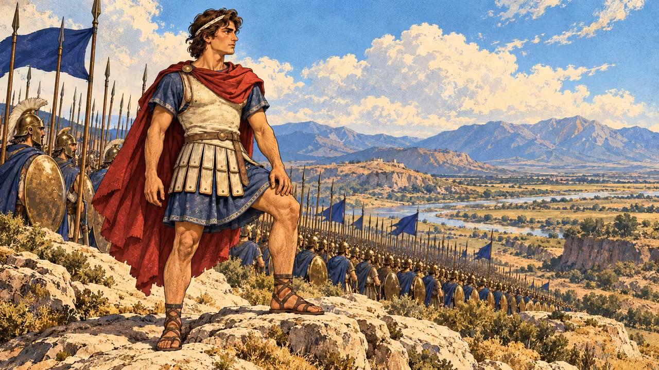 Alexander looks across a massed army from a rocky rise.