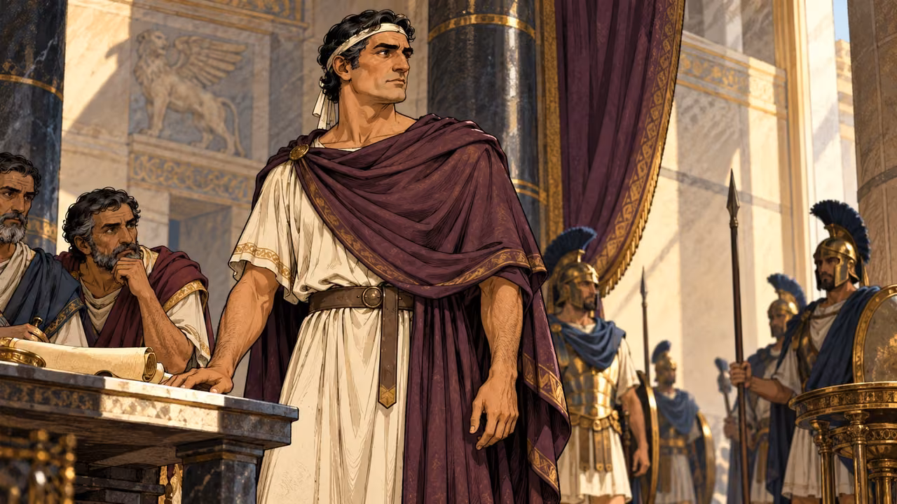 Antiochus stands in a plum cloak and narrow white cloth diadem.