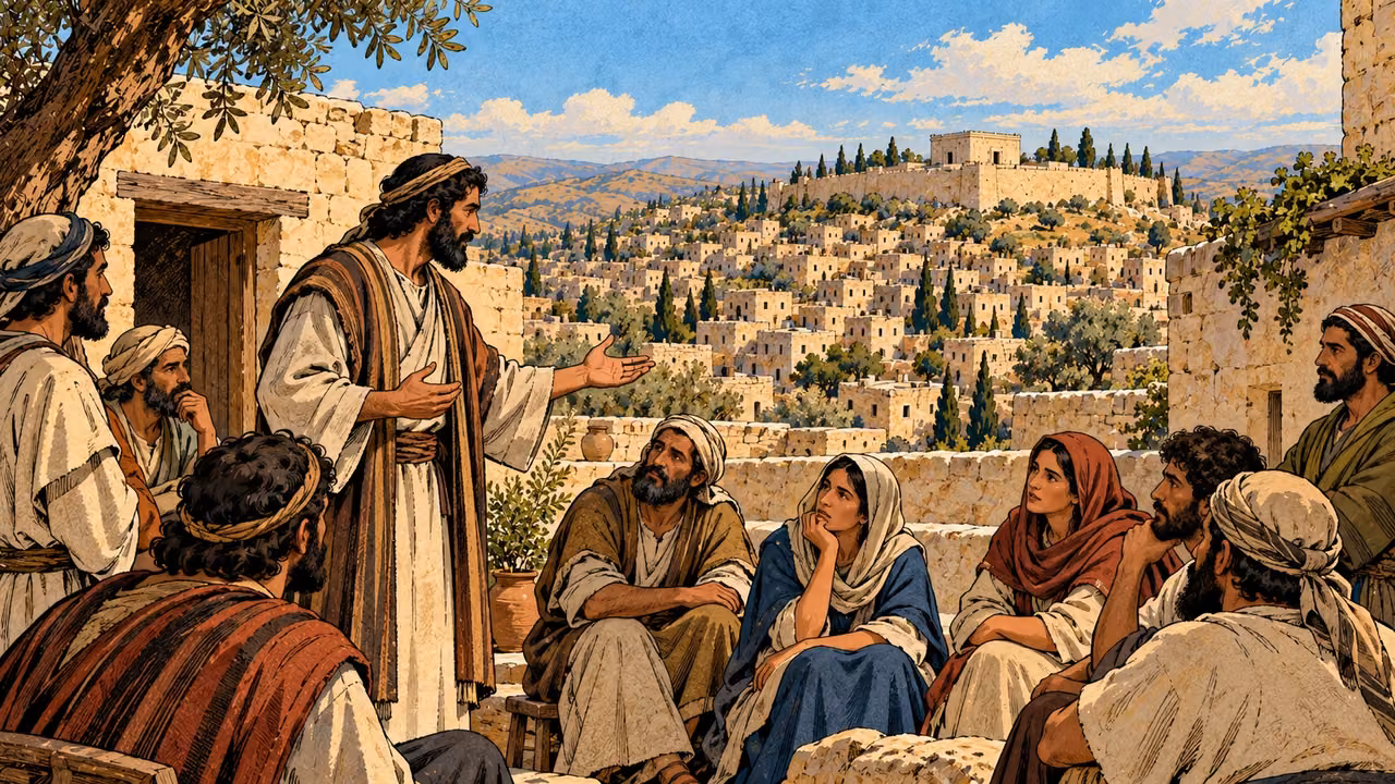 Judean men discuss a proposal in a limestone courtyard.