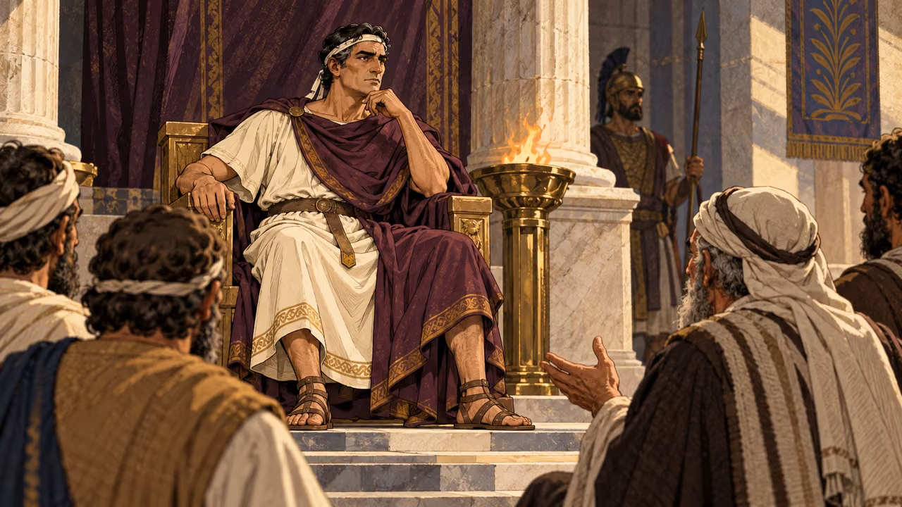 A delegation stands before Antiochus in a royal audience.