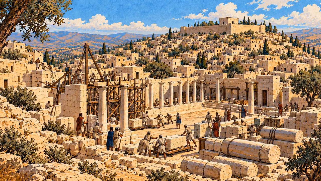 Workers raise columns and stonework for a gymnasium.