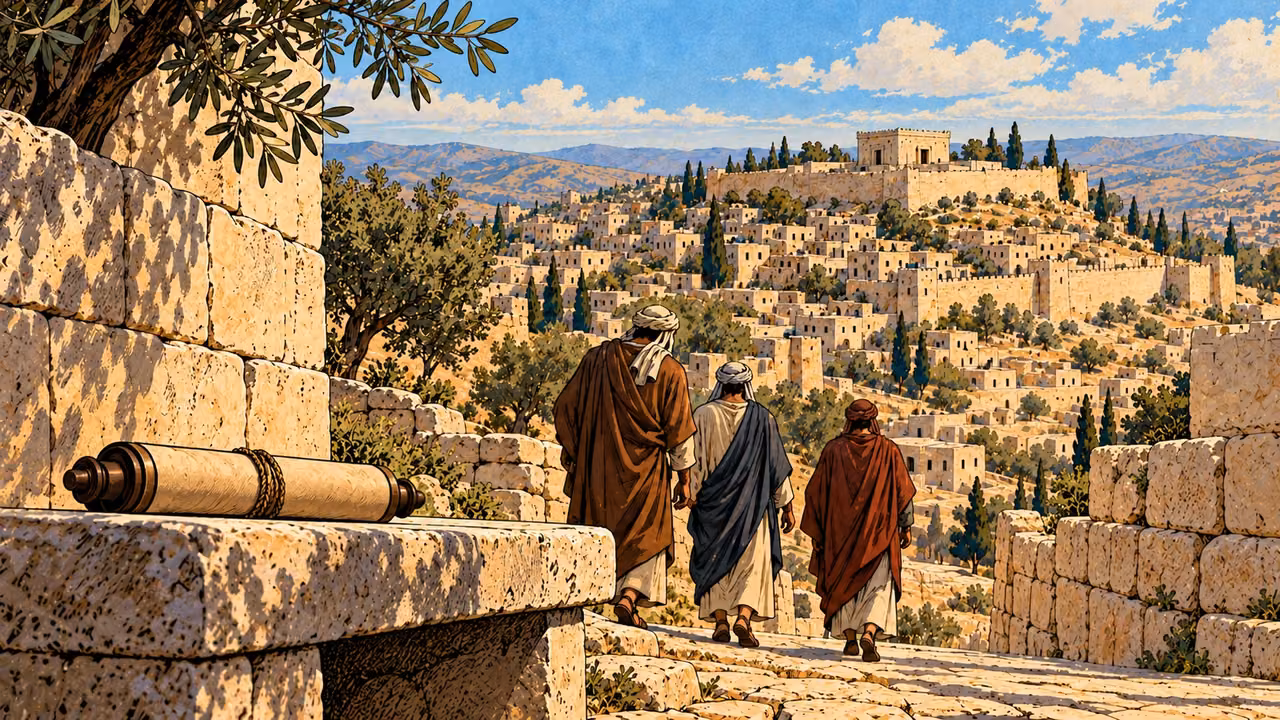 Men walk away from a closed law scroll resting in the foreground.