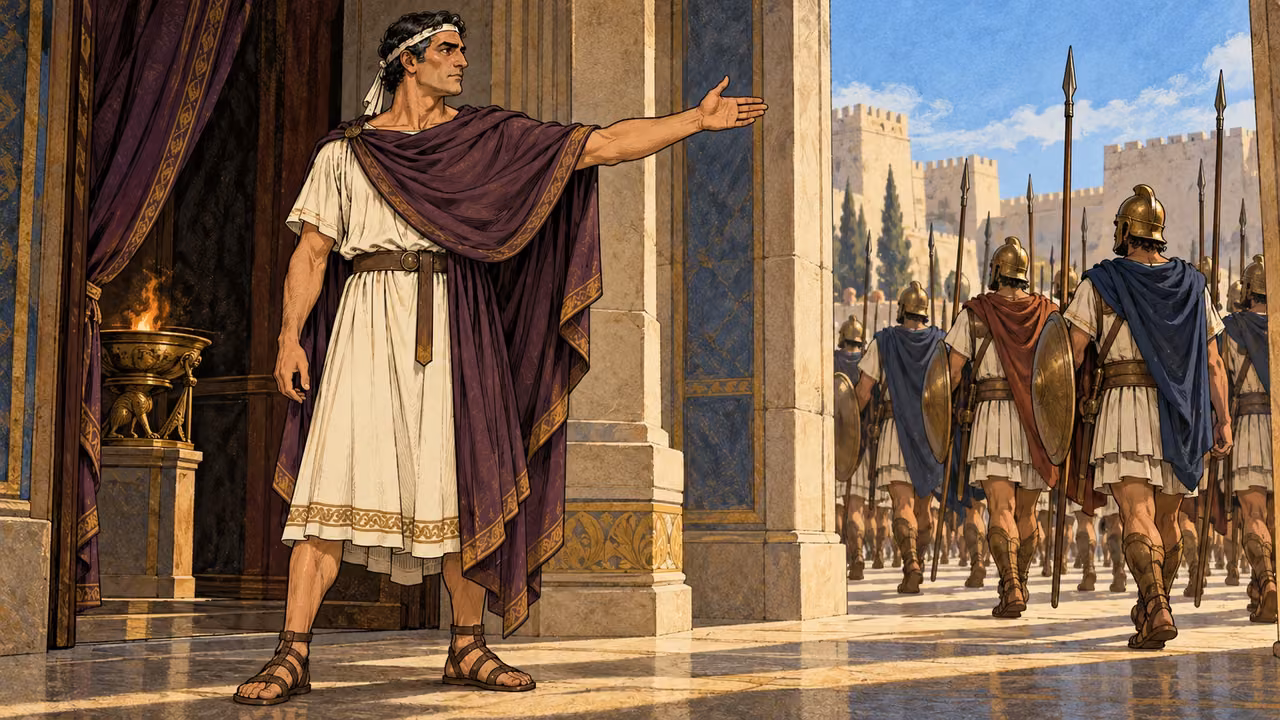 Antiochus gestures outward as troops depart through a palace entrance.