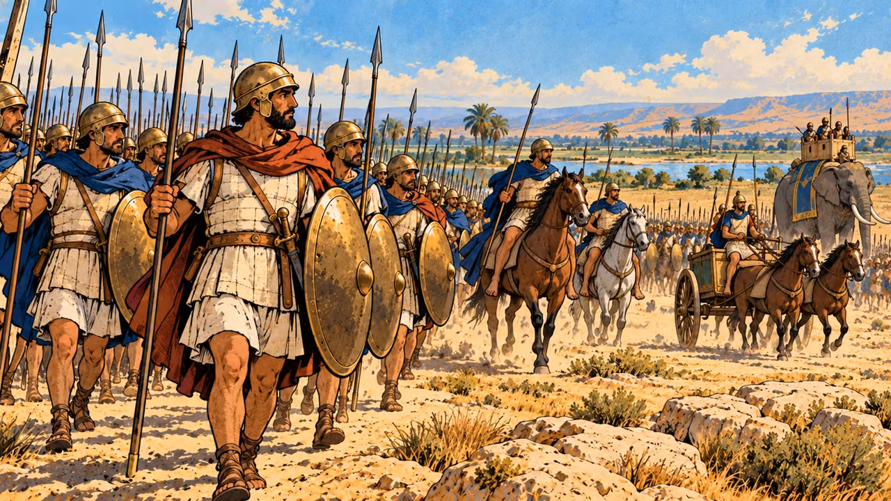 Infantry, horsemen, a chariot and a war elephant advance across a dry Egyptian plain.
