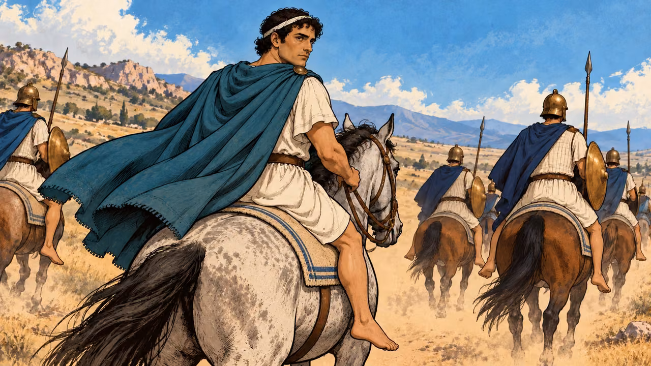 Ptolemy looks back from a gray horse while his escort retreats.