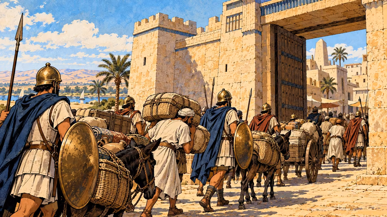 Troops carry bundled goods through the gate of an Egyptian city.