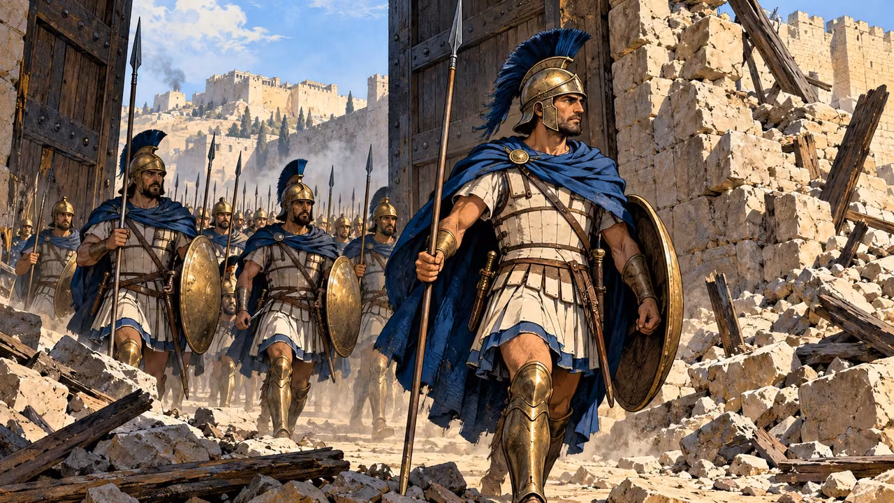 Macedonian soldiers advance through a breached stone stronghold.