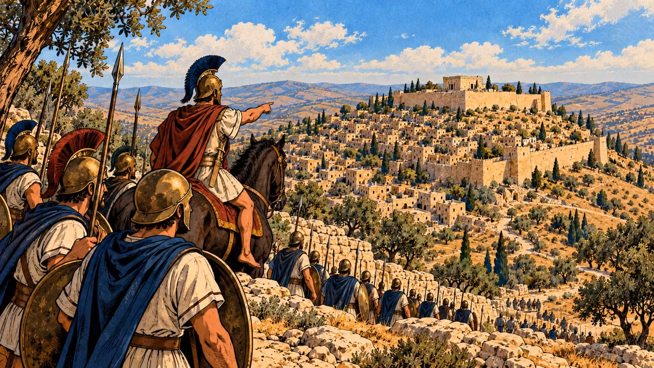 A military column approaches Jerusalem’s limestone ridges.