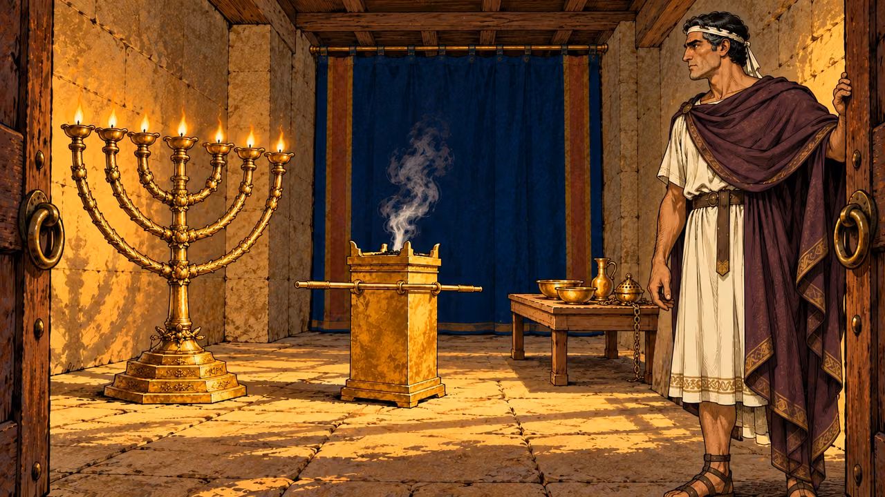 Antiochus stands at a sanctuary doorway beside a gold lampstand, altar and table.