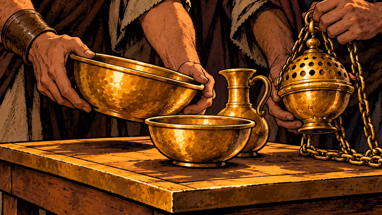 Hands lift gold bowls and a censer from a wooden table.