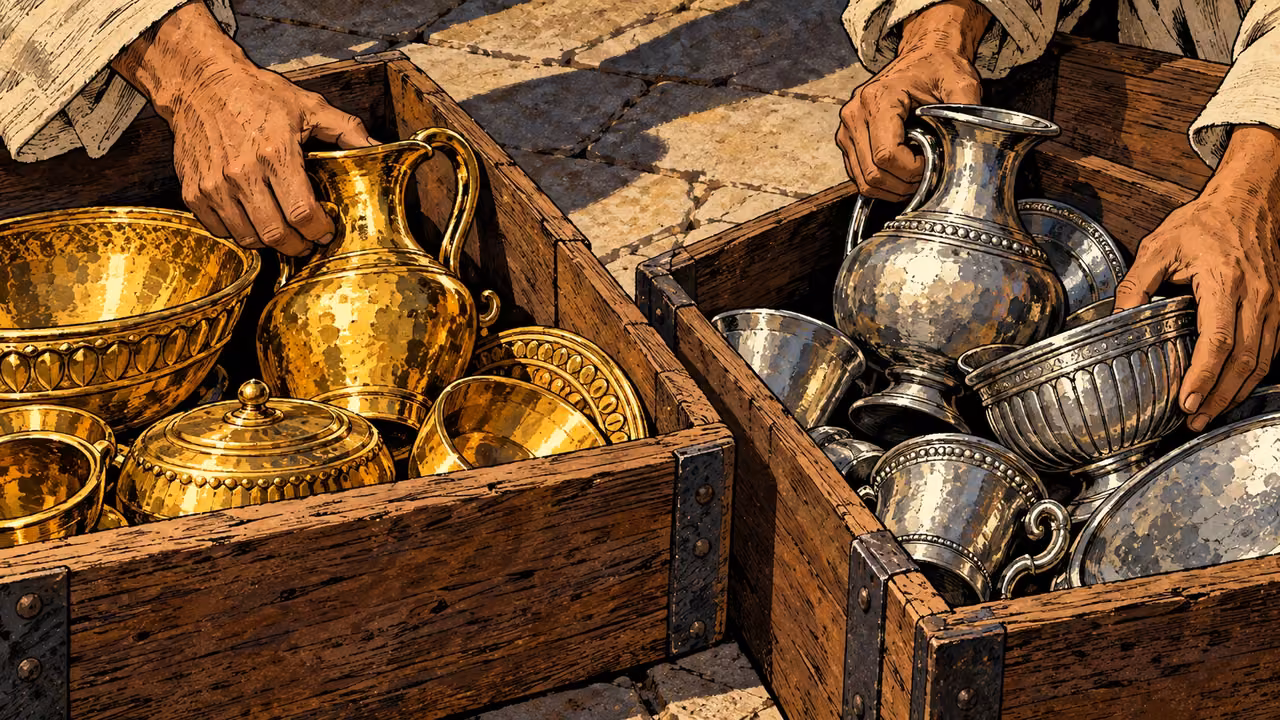 Hands gather gold and silver vessels from opened wooden chests.
