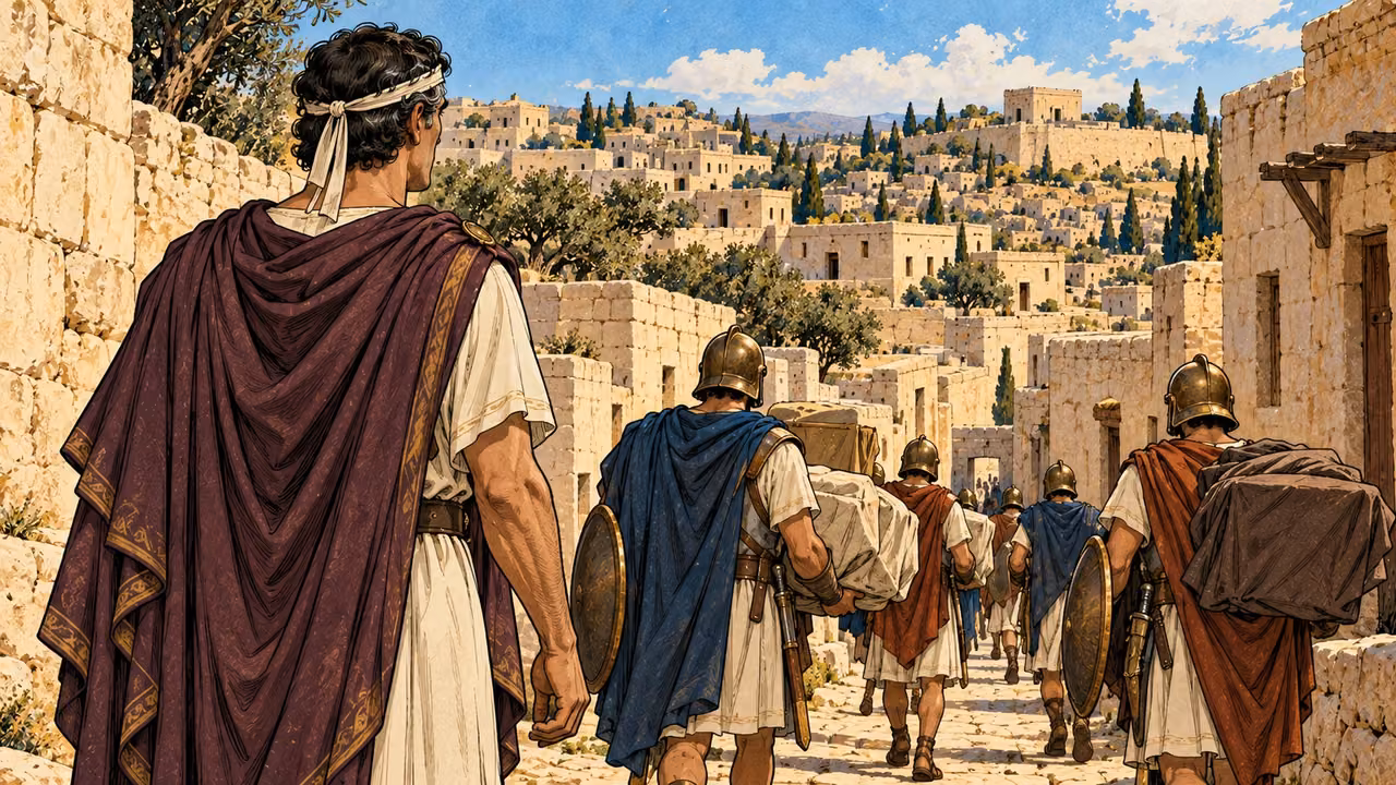 Antiochus watches troops carrying covered goods downhill through the city.