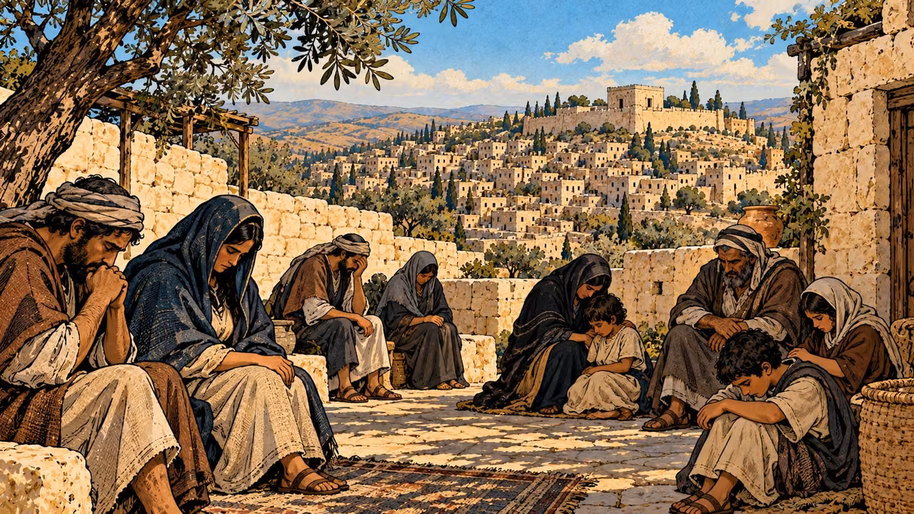 Families sit quietly with bowed heads in a limestone courtyard.