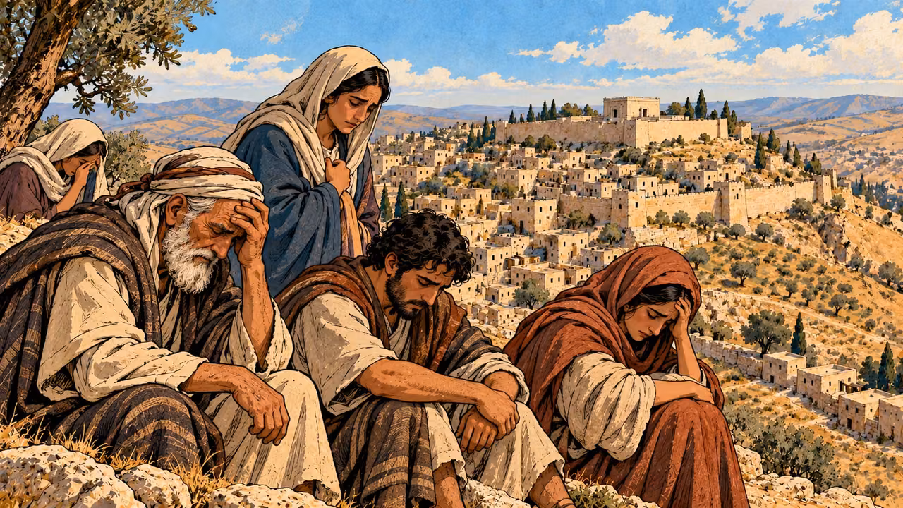 An elder, a young man and women bow their heads in grief.