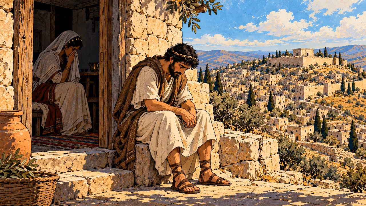 A bridegroom sits outside a doorway while a bride mourns in the room.