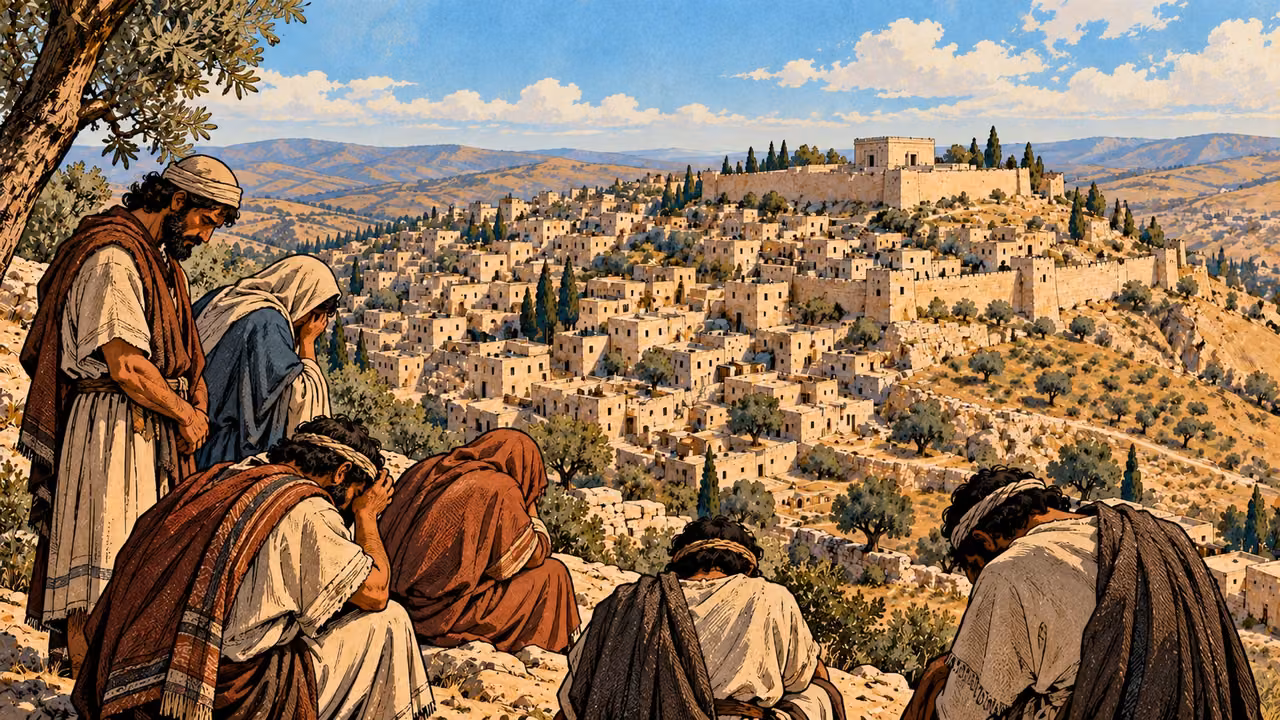 People lower their heads before a broad view of Jerusalem.