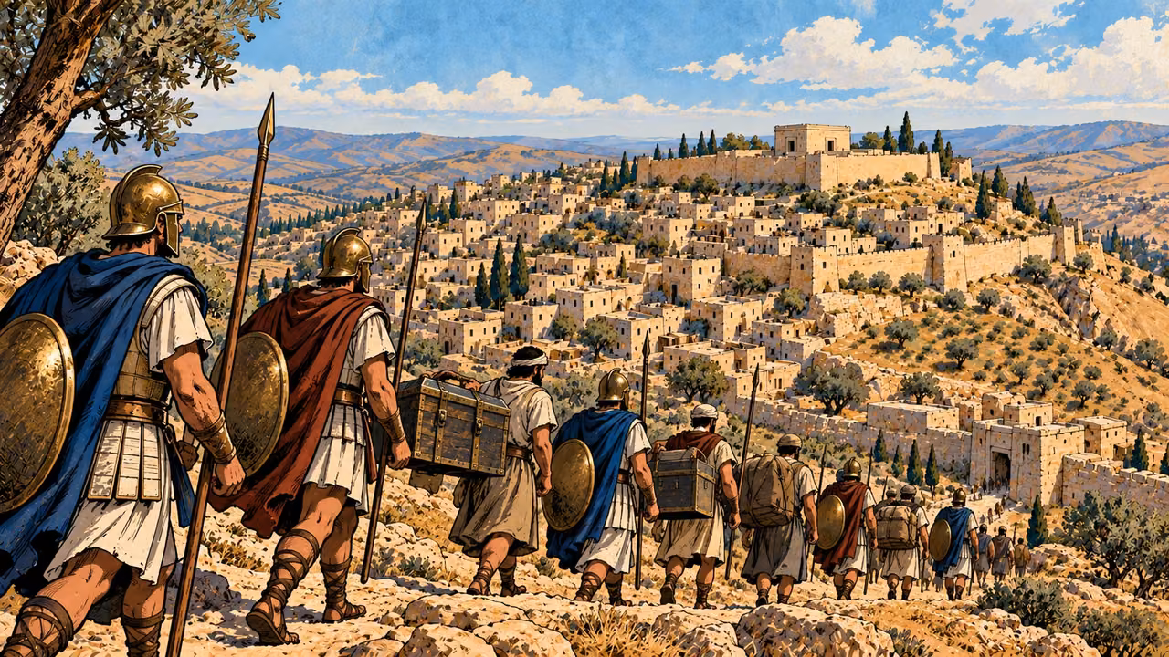 Troops carry packs and collection chests toward Jerusalem.