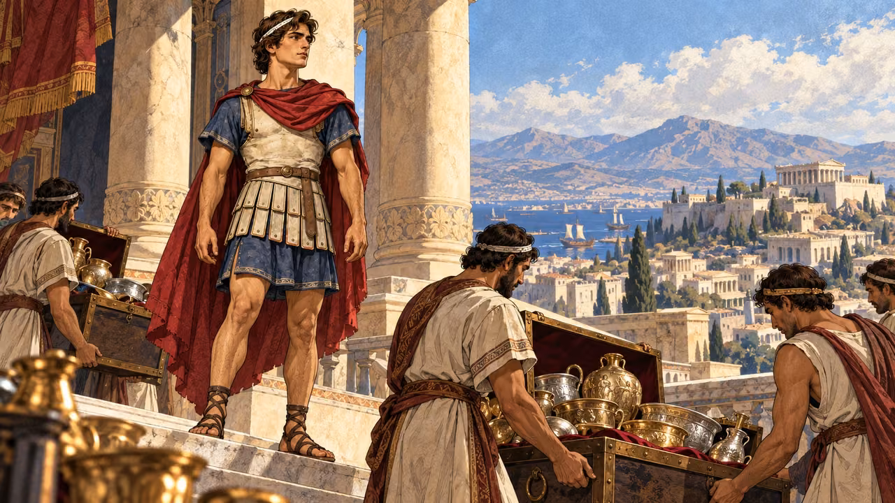 Alexander stands above gathered tribute in a palace.