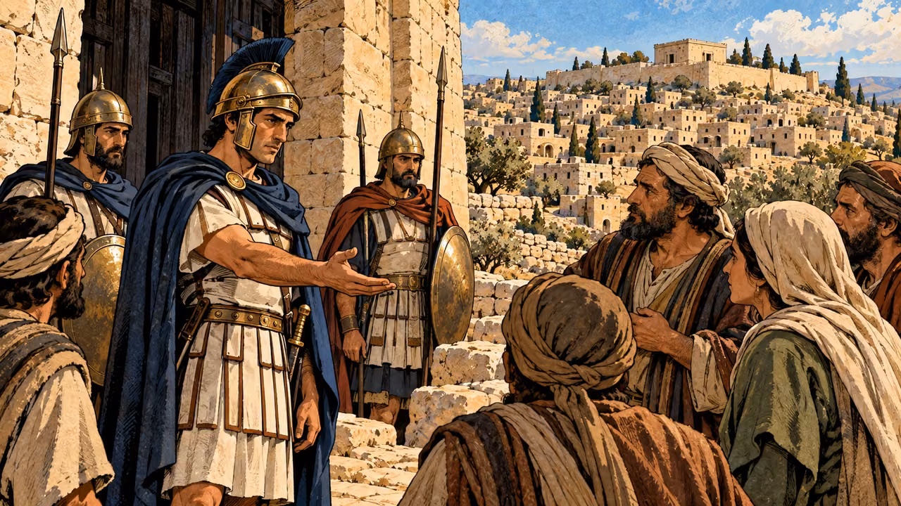 A royal agent extends an open palm toward cautious townspeople beside a timber doorway.
