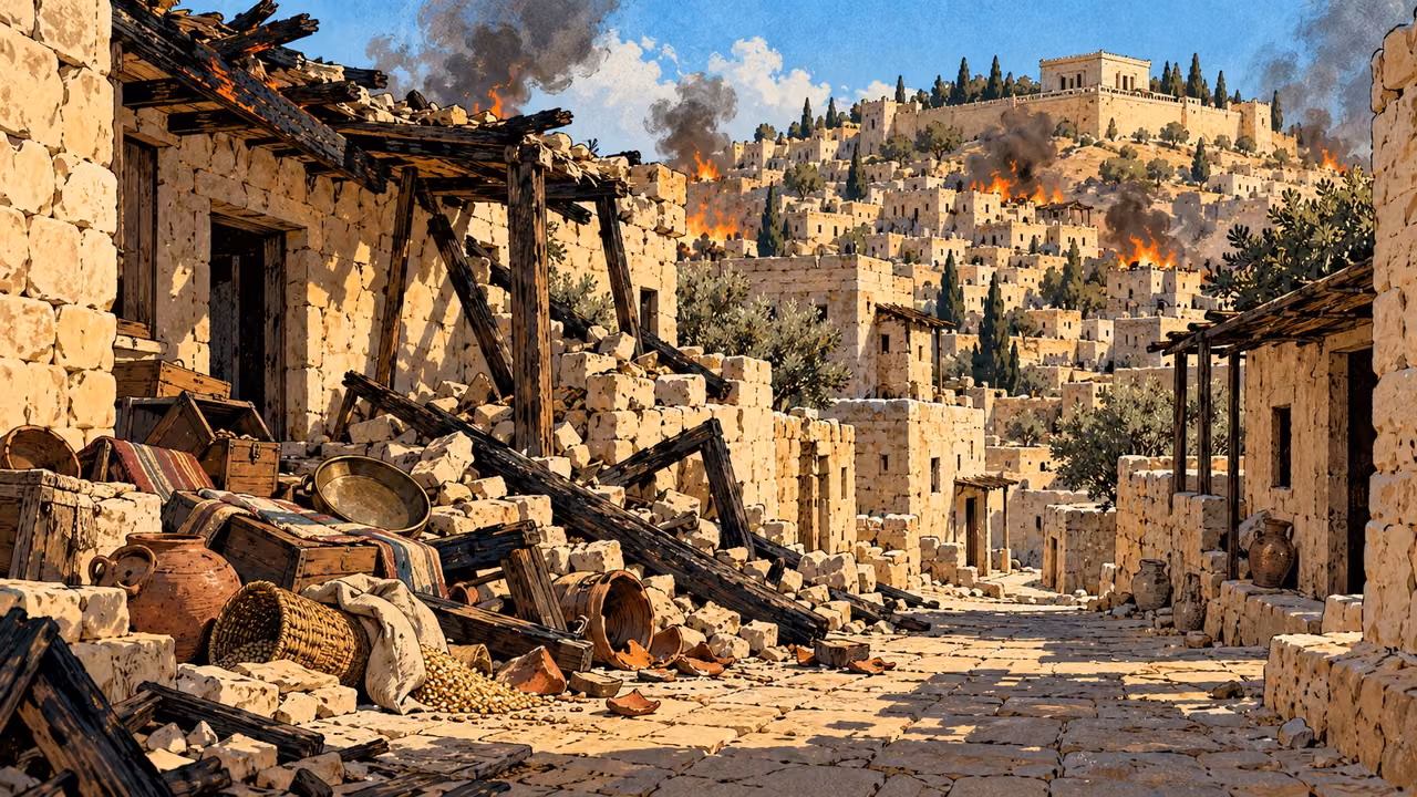 An emptied street lies beneath broken roof beams as houses burn farther away.