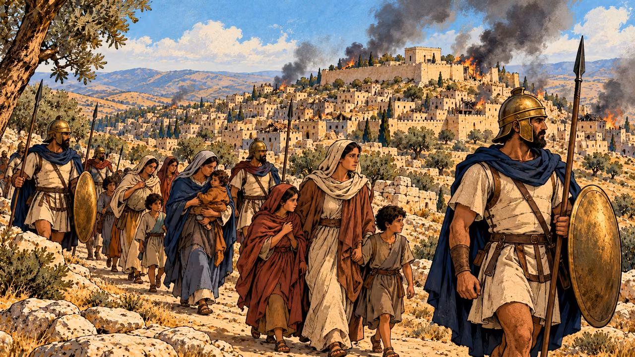 Women and children walk together under armed guard away from the damaged city.