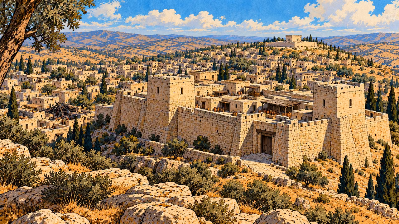 A thick stone citadel wall and two square towers stand among Jerusalem’s houses.