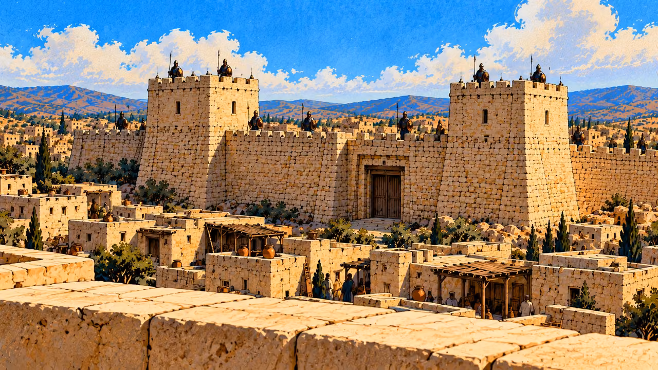 A view across a plain courtyard parapet faces the guarded citadel.
