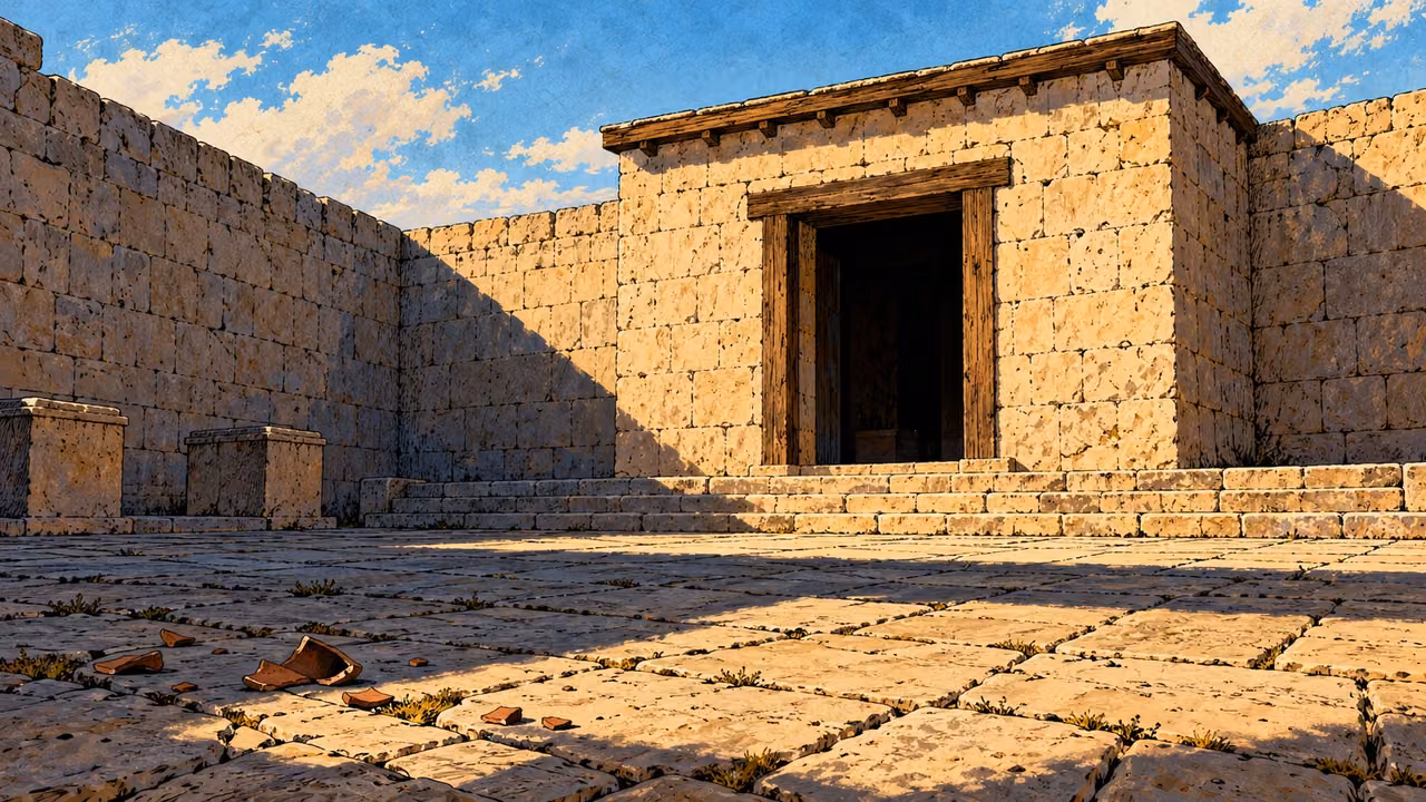 A deserted stone sanctuary courtyard contains scattered clay fragments.