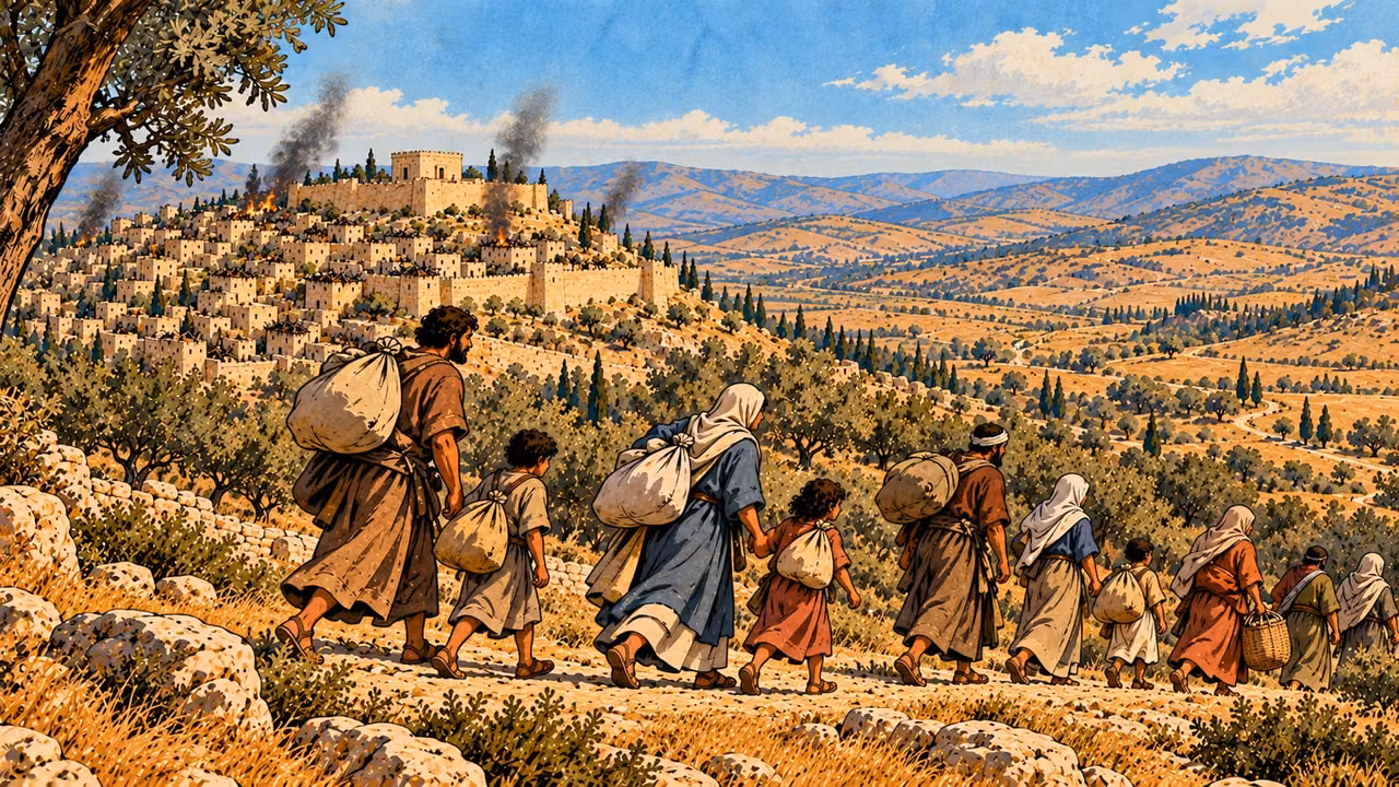 Families carry bundles toward an open valley with the damaged city behind them.