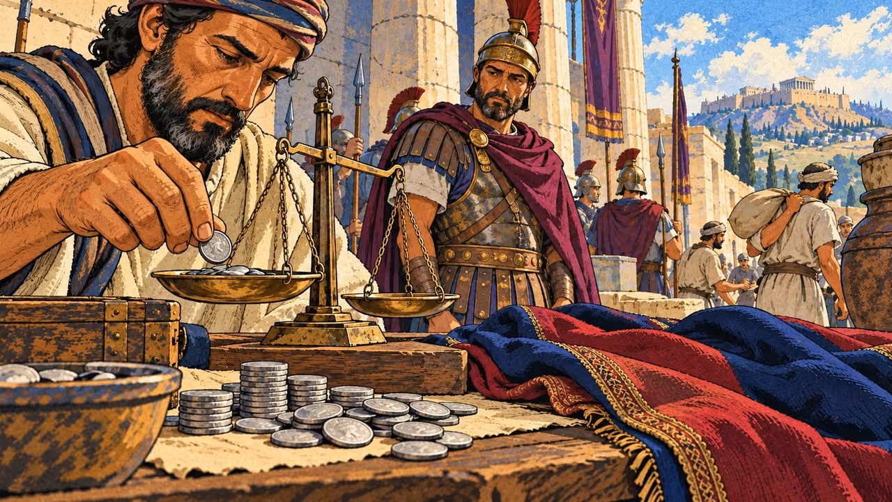 Hands weigh coins beside folded cloth and tribute vessels.