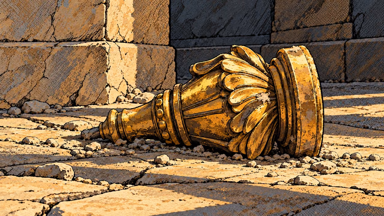 A fallen gold architectural fitting lies on dusty limestone.