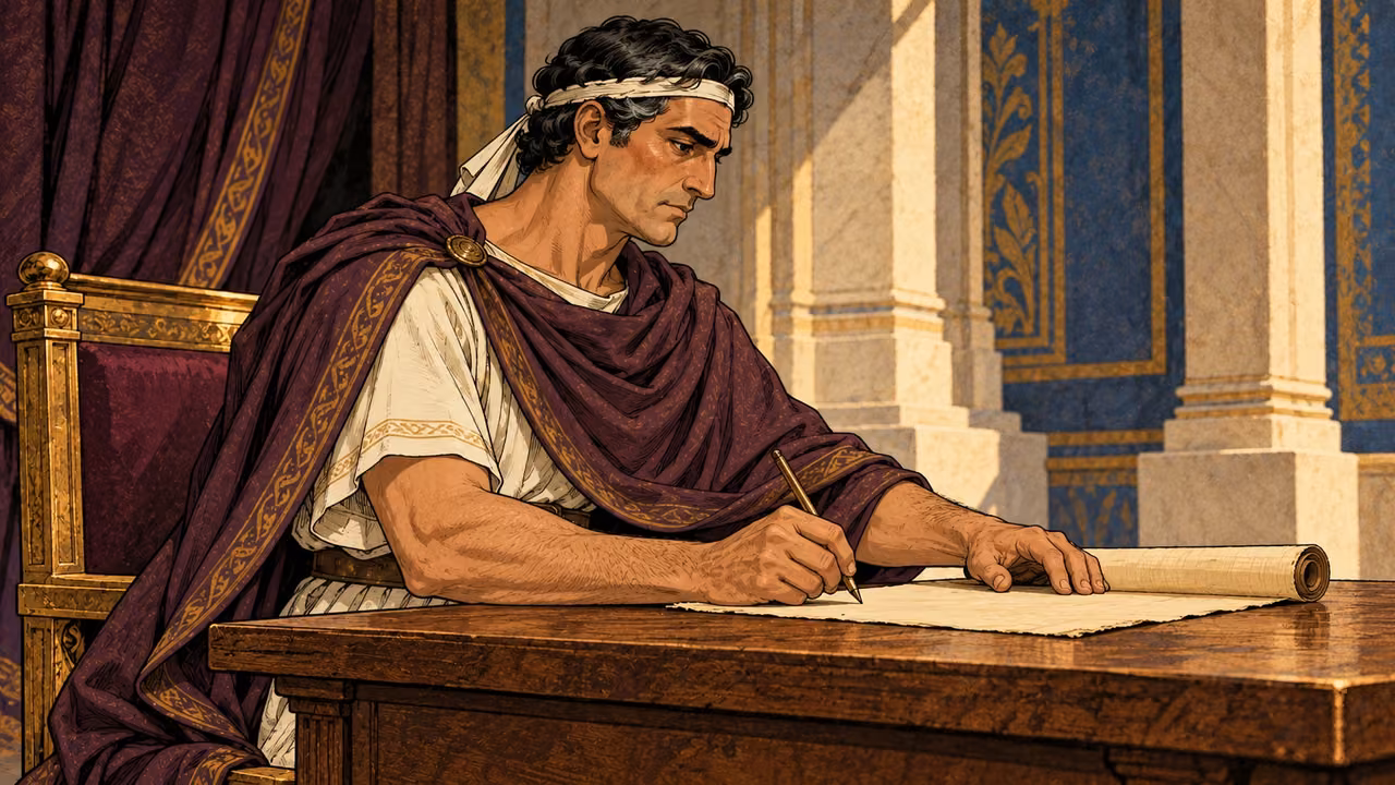 Antiochus writes on blank papyrus at a wooden table in a royal hall.