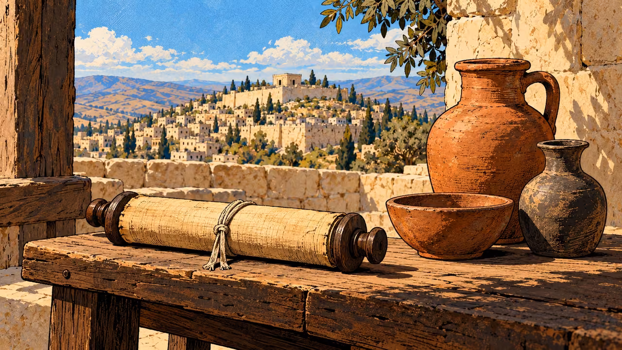 A closed papyrus scroll and three clay household vessels rest on a bench.