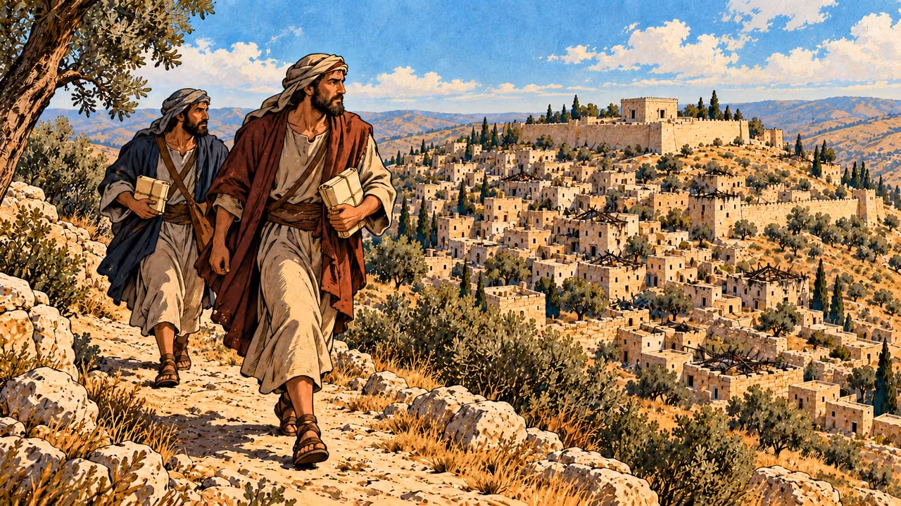 Two messengers carry wrapped papyrus packets along a Judean ridge path.