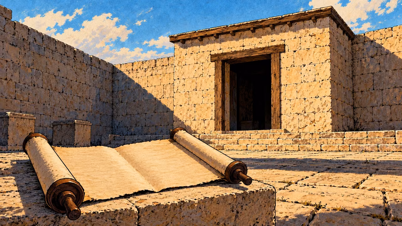 An opened blank papyrus document lies before the empty sanctuary doorway.