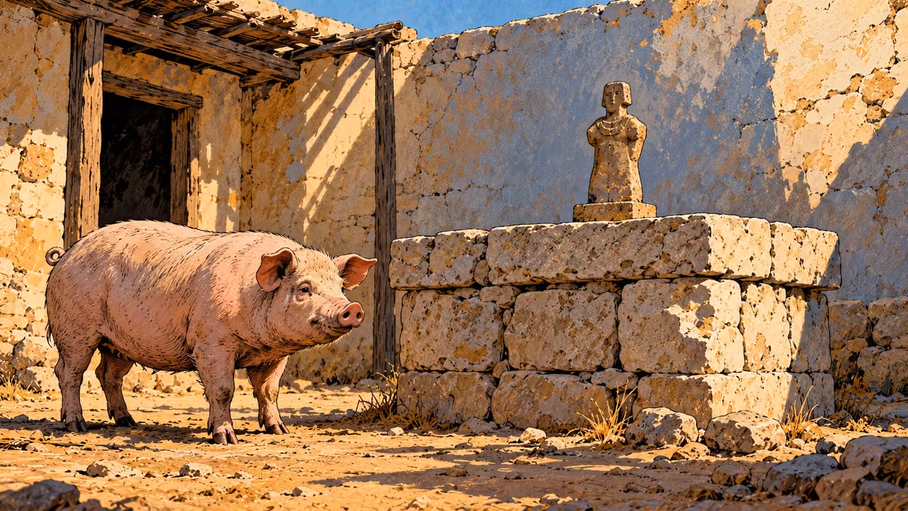 A live pig stands near rough altar stones and a small carved idol.