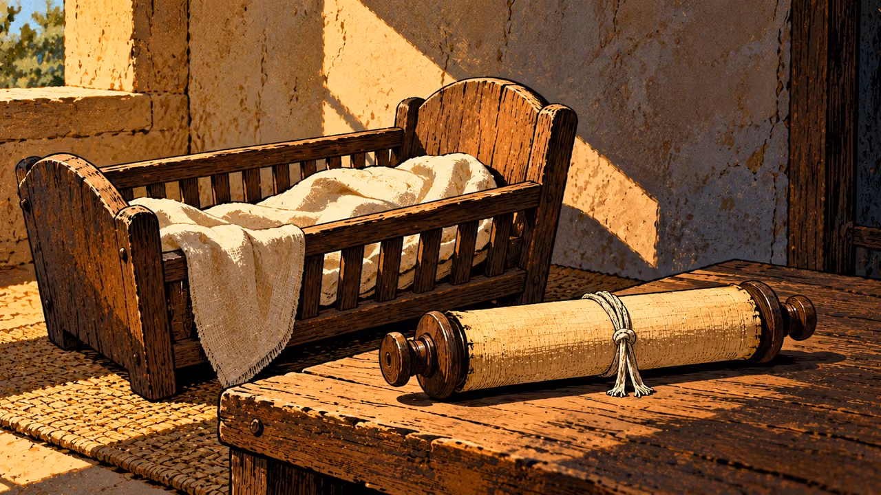 An empty wooden cradle stands beside a closed law scroll.