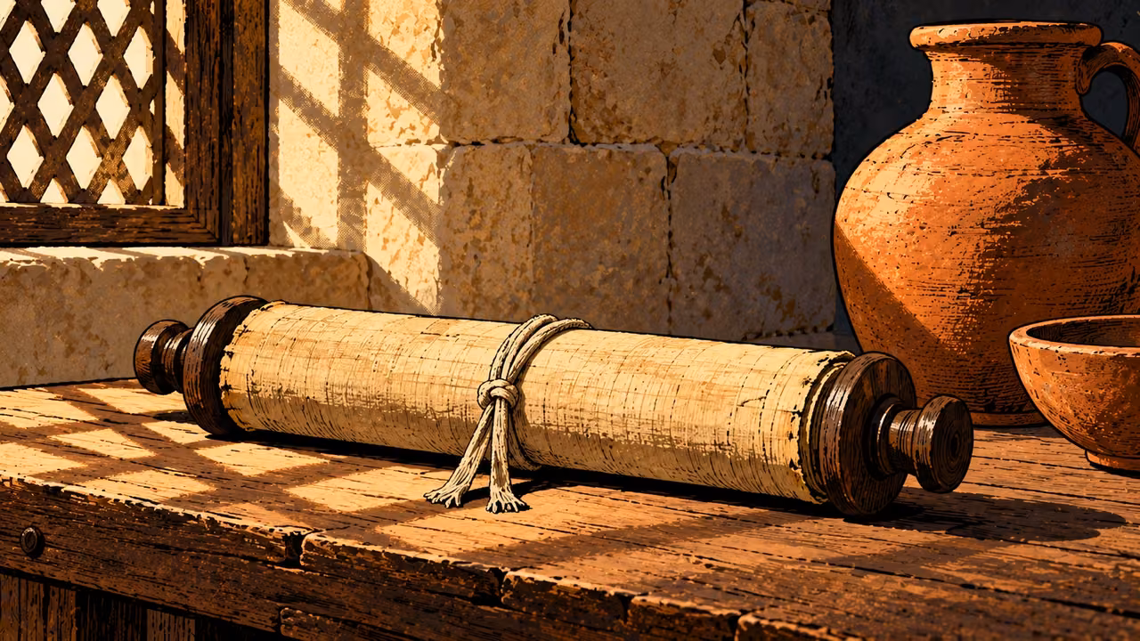 A closed law scroll rests beneath a window shadow.