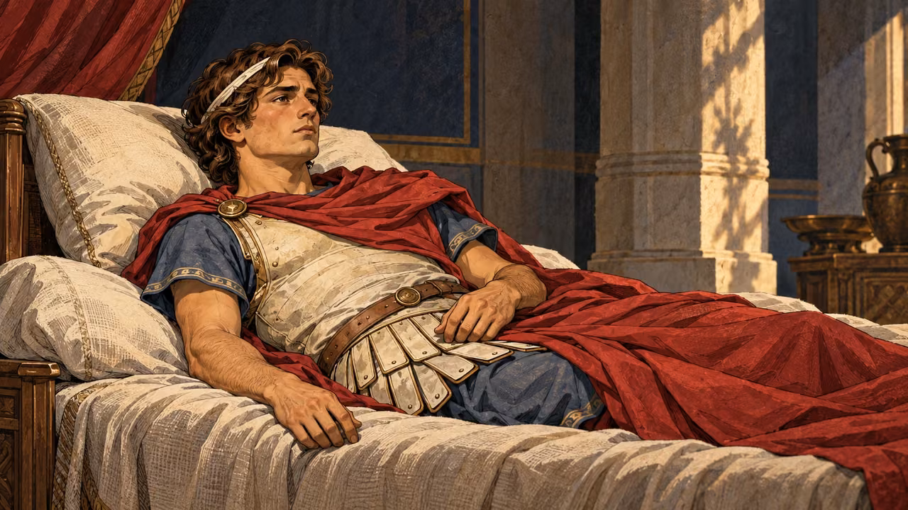 Alexander reclines weakly on a bed beside his crimson cloak.