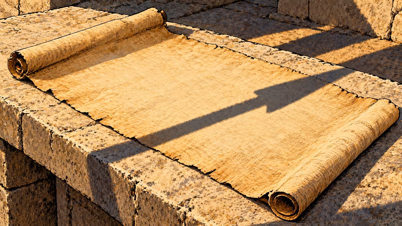 A spear-shaped shadow falls across a blank papyrus document on stone.