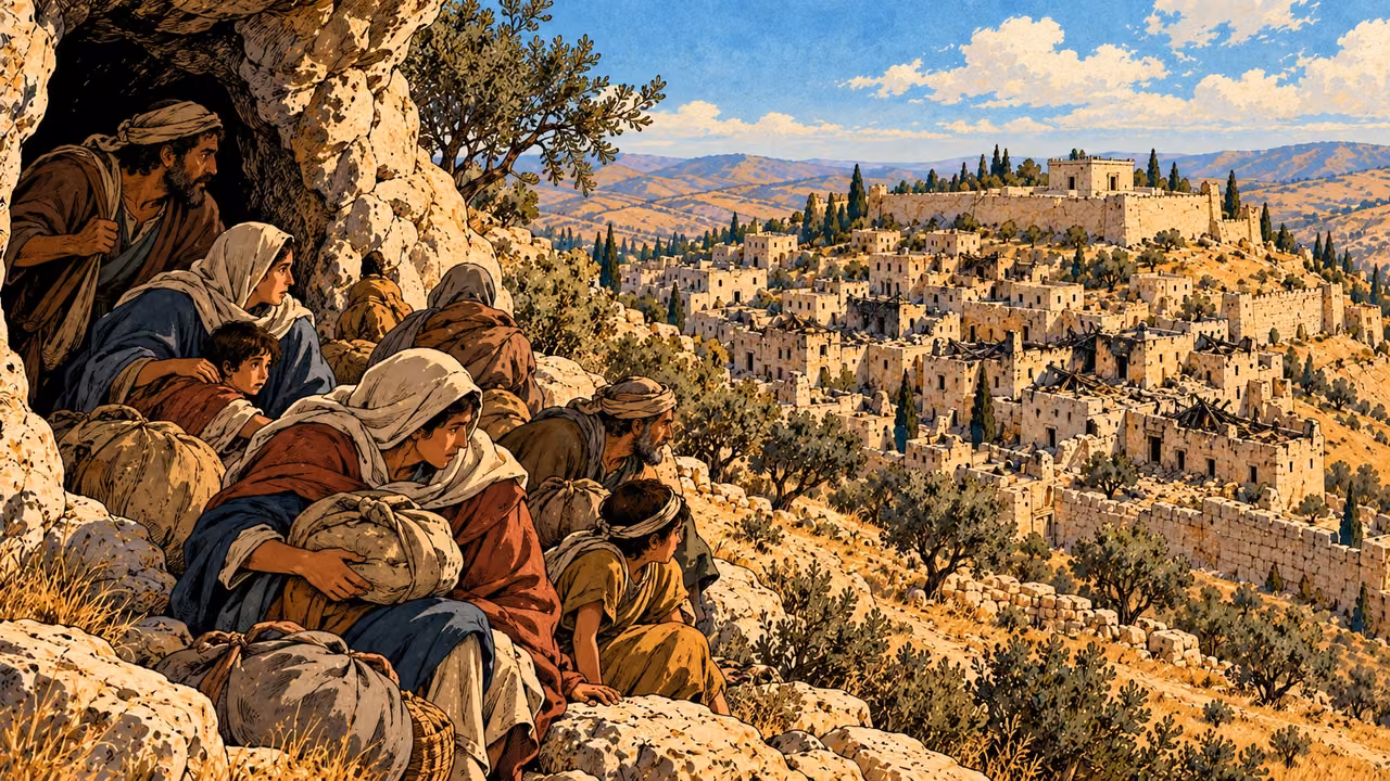 Families shelter with bundles beside a rocky refuge.