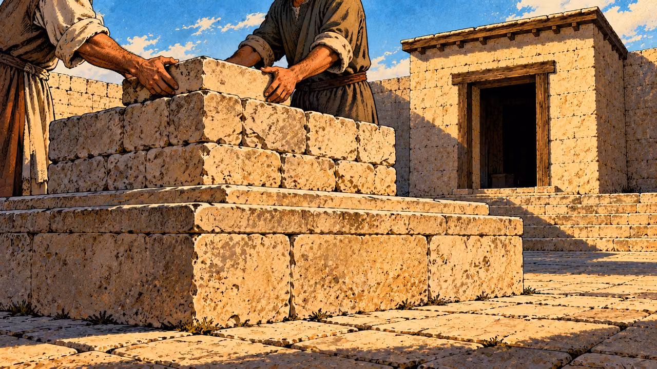 Hands place a stone on a small rough altar built above a larger stone platform.