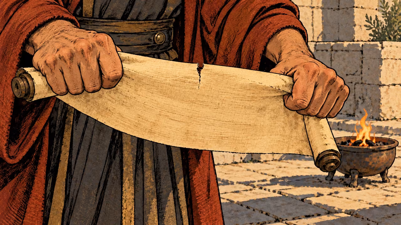 Hands begin tearing a blank papyrus scroll beside a clay brazier.