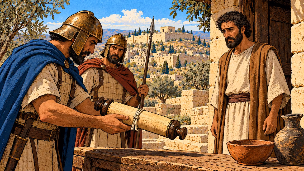 Guards inspect a closed law scroll at an upright resident’s doorway.