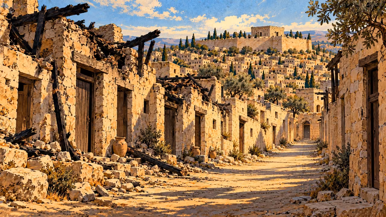 An empty lane of closed doorways lies beneath lengthening shadows.