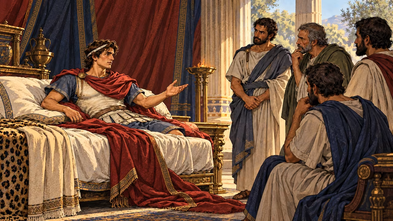The reclining Alexander addresses attendants gathered at his bedside.