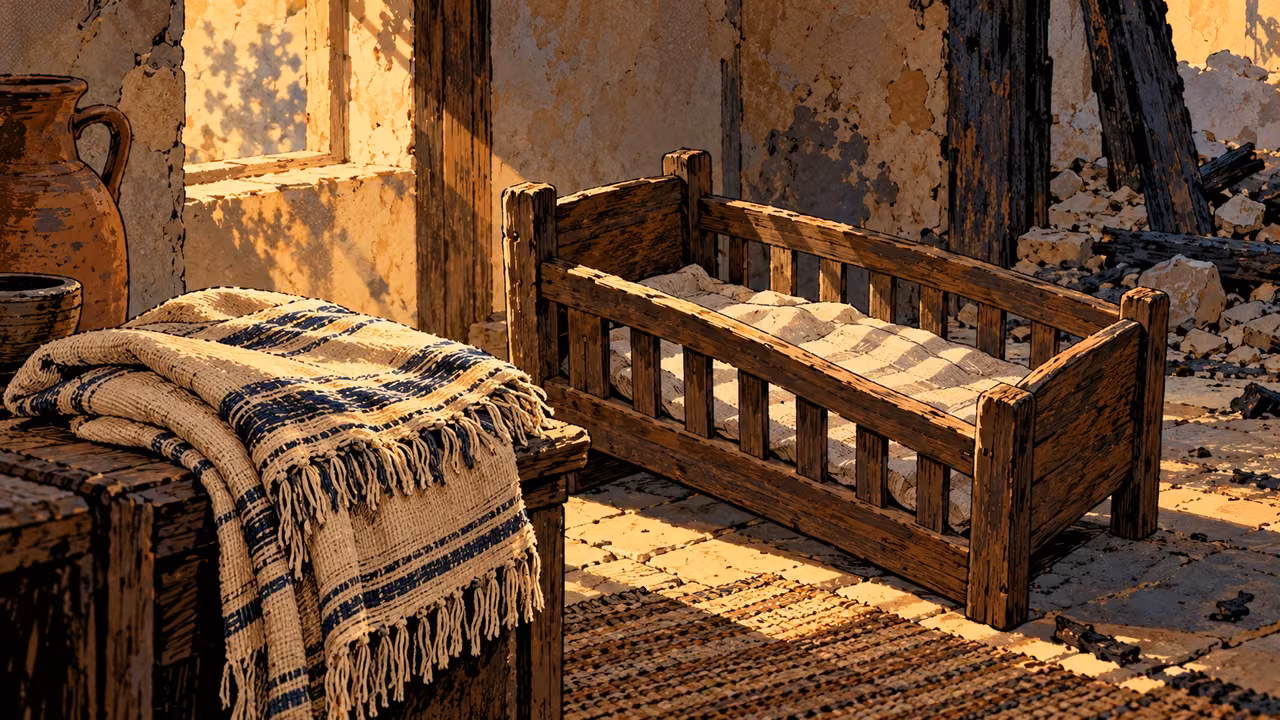 A folded shawl and an empty cradle stand in a quiet damaged room.